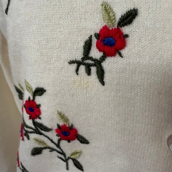 Vintage Jantzen Wool Cardigan Floral Embroidered Sweater Ivory Red Size 38 - Picture 4 of 9